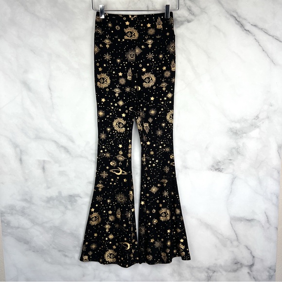 Celestial Moon Star High Waisted Stretch Knit Flare Leggings Pants Bohemian 70s - Picture 4 of 7